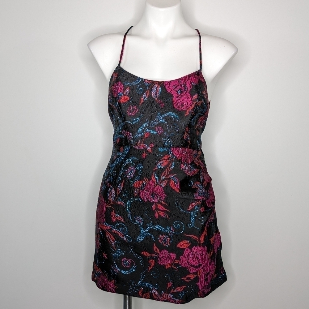 NWT Urban Outfitters black pink blue red floral strappy metallic mini dress M